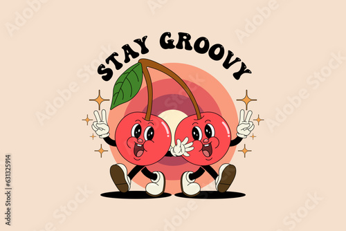 Groovy posters 70s. Retro poster with funny cartoon walking characters in the form of fruits. Vintage prints, isolated, t shirt design