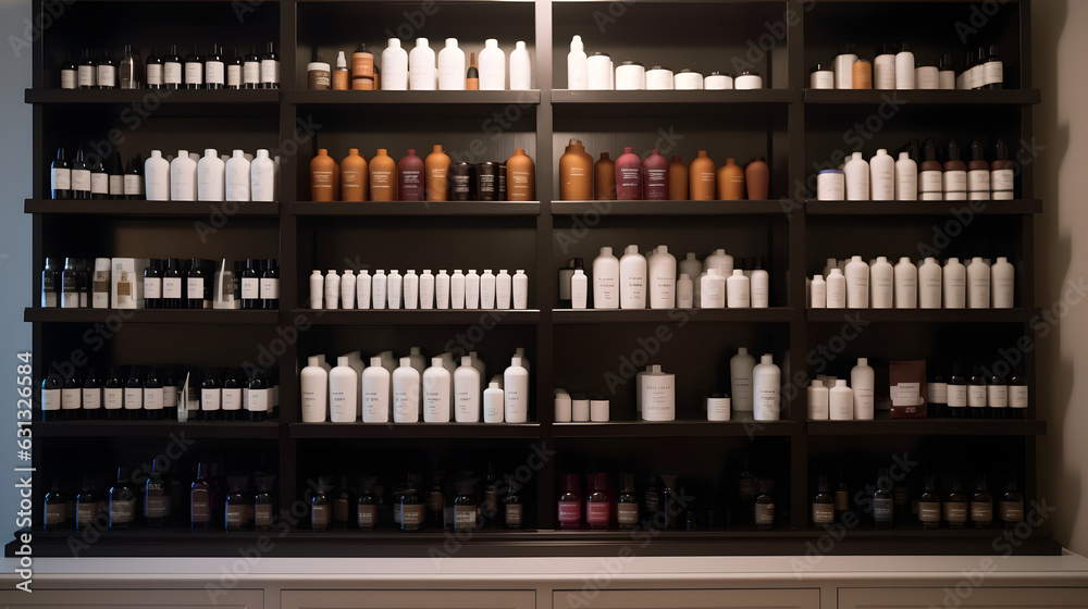 Shelves of hair products in a salon generative AI