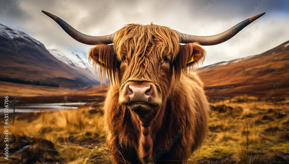 Closeup of the typical Scottish cow. AI generated Closeup of the typical Scottish cow. AI generated