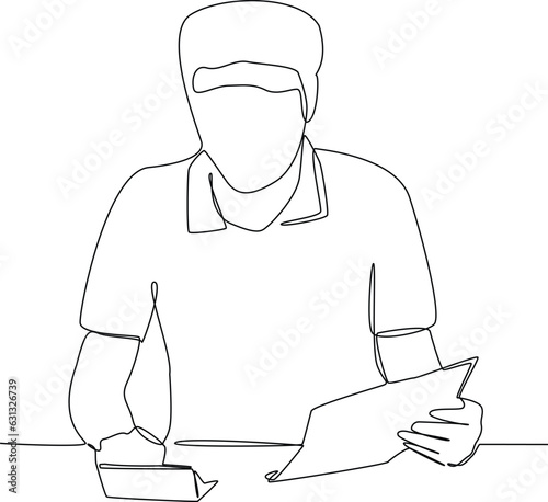 One continuous line drawing of Freelancer filling invoice, distance job payroll, money transfer online, remote and work payment concept. Doodle vector illustration in simple linear style.