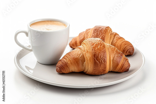 Cup of coffee with milk and croissants on plate on white background.