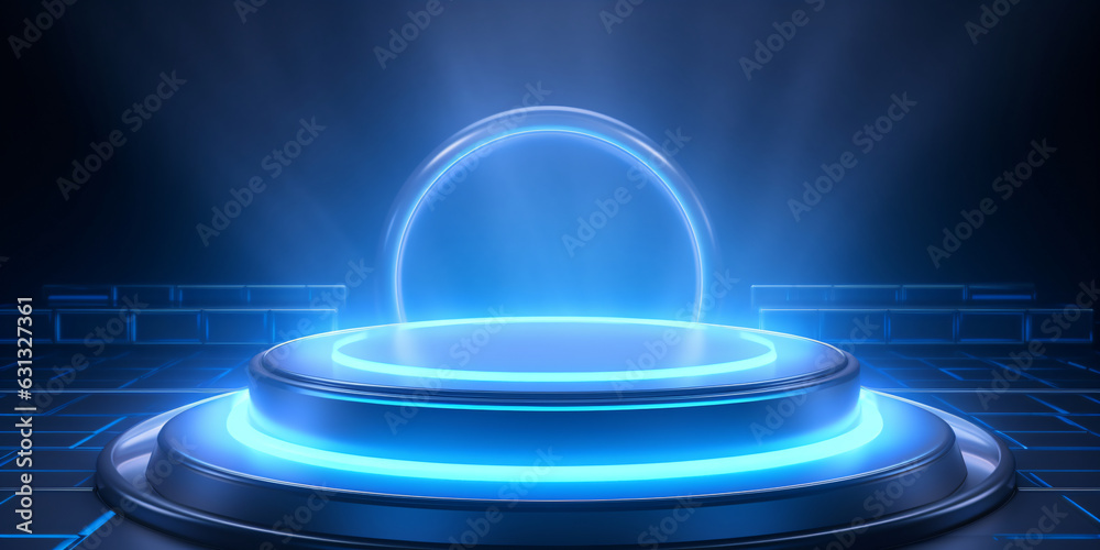Abstract round podium with blue neon light created with AI Abstract round podium with blue neon light created with AI