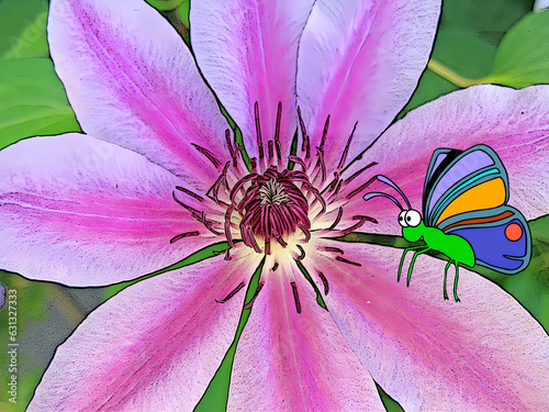 Illustration - A colorful butterfly lands on the petal of a clematis bloom