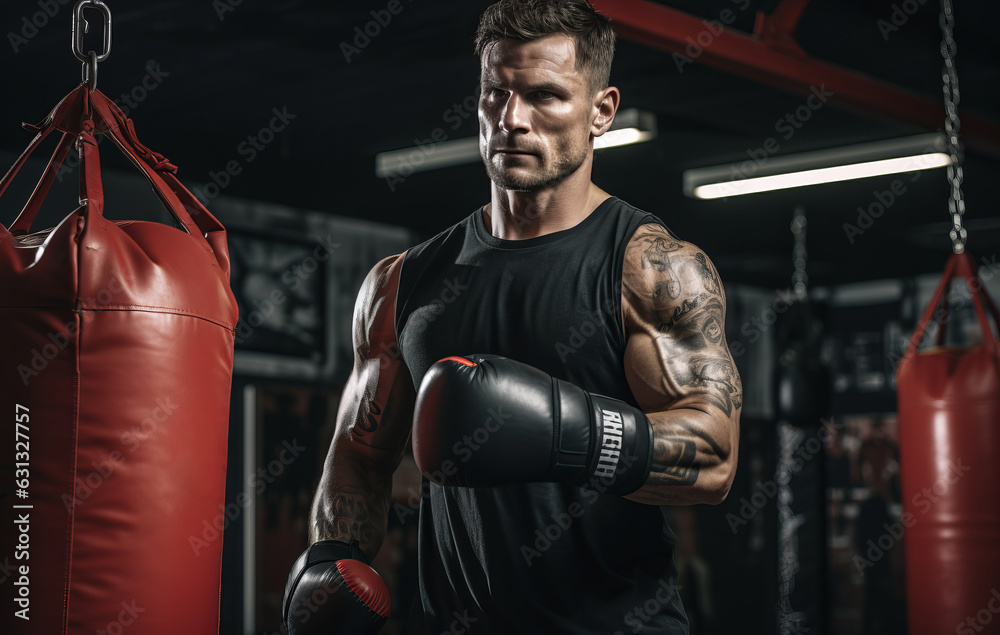 Male boxer punching bag in gym with boxing gloves