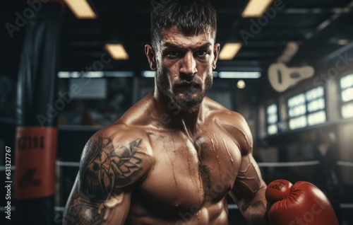 Male boxer punching bag in gym with boxing gloves