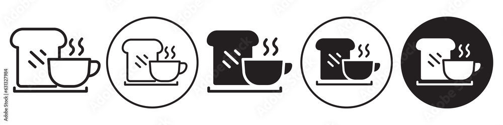 Breakfast symbol Icon. Morning routine start time of fast with hot cup of coffee or tea cup with whole wheat bread slice in cafe food menu in hotel. Vector flat outline set collection of baked toast Breakfast symbol Icon. Morning routine start time of fast with hot cup of coffee or tea cup with whole wheat bread slice in cafe food menu in hotel. Vector flat outline set collection of baked toast