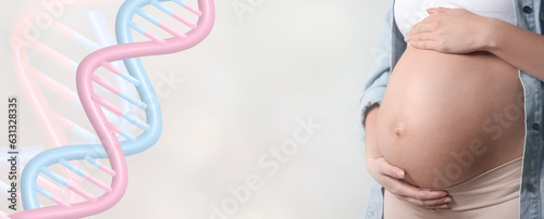 Noninvasive prenatal testing (NIPT). Pregnant woman and illustration of DNA structure on white background, closeup. Banner design with space for text photo