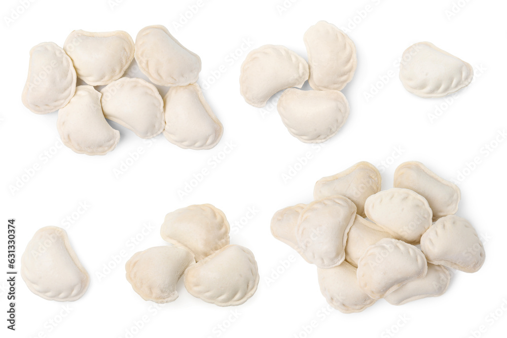 Many raw dumplings (varenyky) on white background, collage design