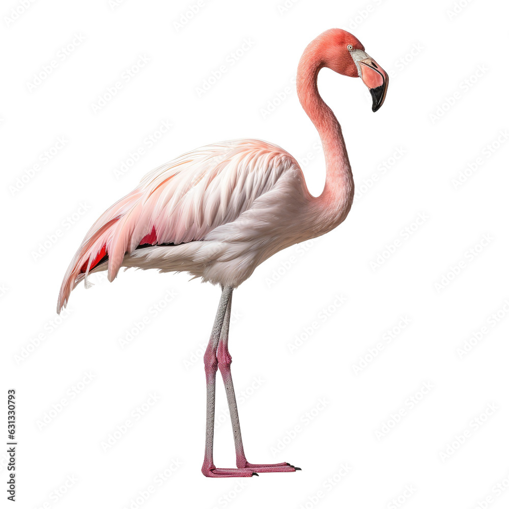 A flamingo with pink feathers, long neck, standing against a transparent backround, seen from the side.