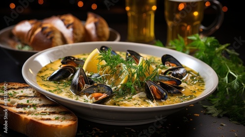 Moules mariniere, chowder, bouillabaisse and steamed mussels on the table. Healthy seafoods in the pan, generative ai