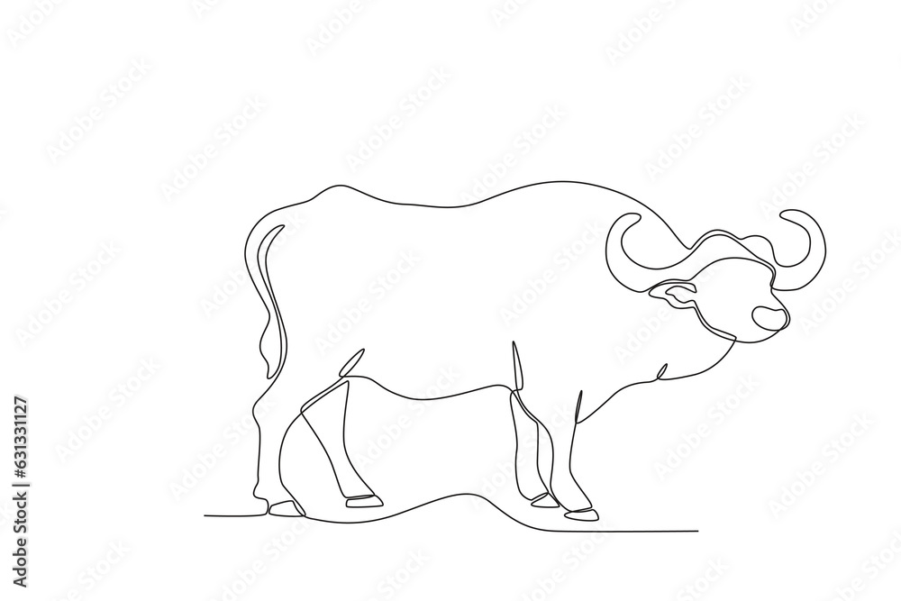A buffalo plowing rice fields. World animal day one-line drawing A buffalo plowing rice fields. World animal day one-line drawing