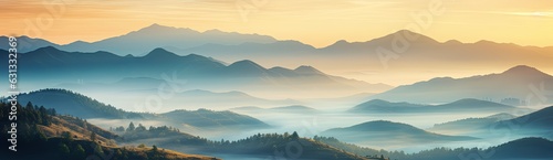 Beautiful panoramic view of a landscape with mountains, hills and a bright sky. © LeitnerR