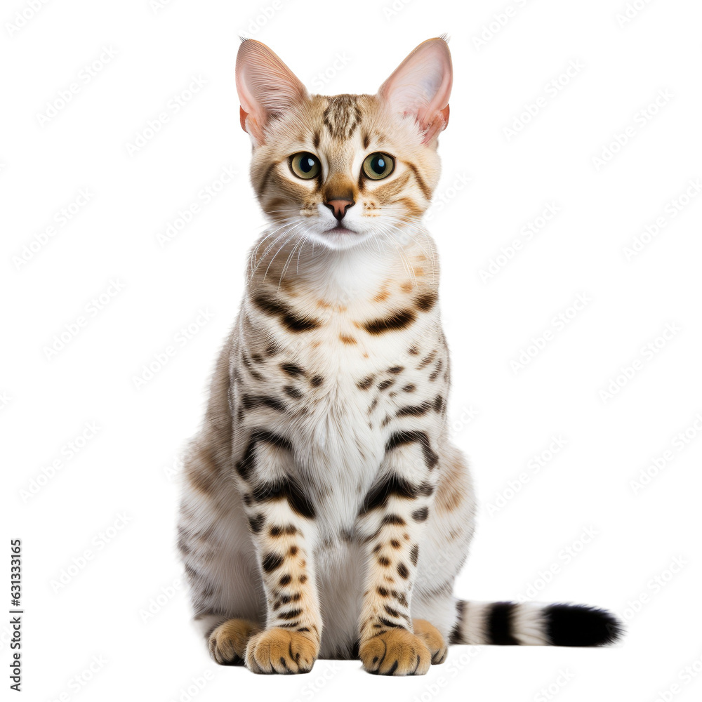 A transparent backround showcases a hybrid cat derived from a serval and a domestic cat.