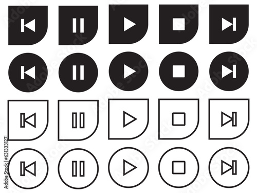 Media Player symbol Icon. Flat round circle multimedia remote buttons to play pause video visual or digital music forward backward navigation graphic to control tv. Start stop web television menu sign