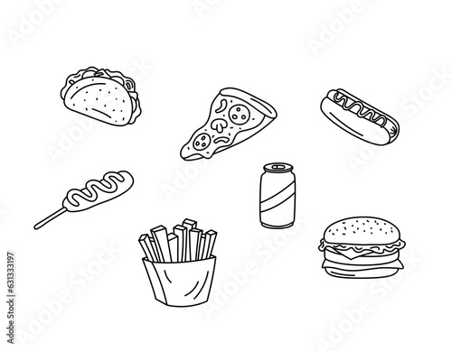 Fast food vector doodles set. Fastfood elements isolated black on white background. Hand drawn outline illustration of hot dog, fries, cheeseburger, taco, pizza. Canned carbonated drink and taco