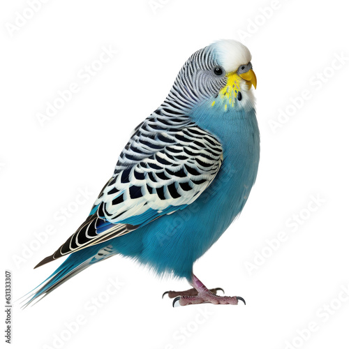 Blue crested Budgerigar, seen from the side, placed on transparent backround. photo