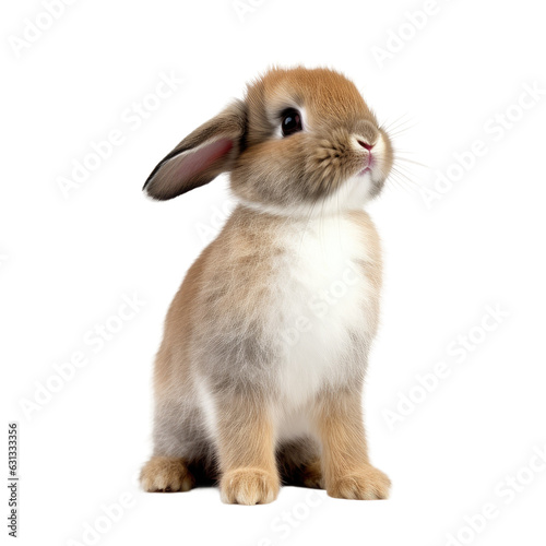 A newborn rabbit with three colors standing, looking upward. Studio photo on transparent backround.