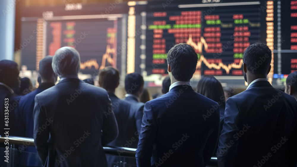 People in suits from the back watching the price increase on the stock exchange monitor