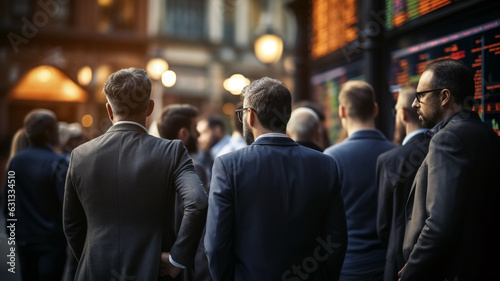 People in suits from the back watching the price increase on the stock exchange monitor