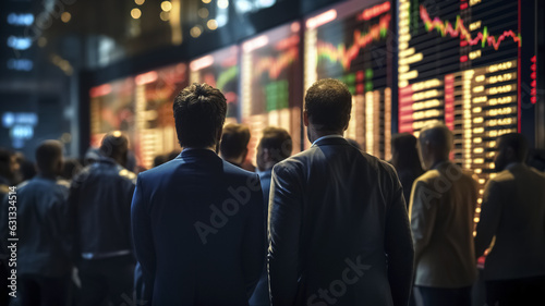 People in suits from the back watching the price increase on the stock exchange monitor