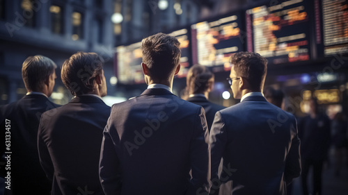 People in suits from the back watching the price increase on the stock exchange monitor