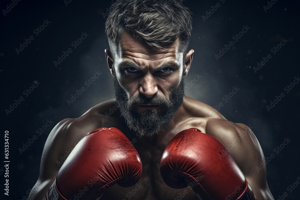 Male athlete boxing pose, angry face