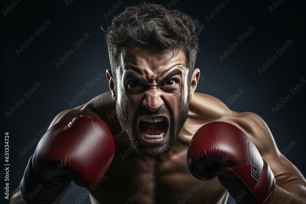 Male athlete boxing pose, angry face