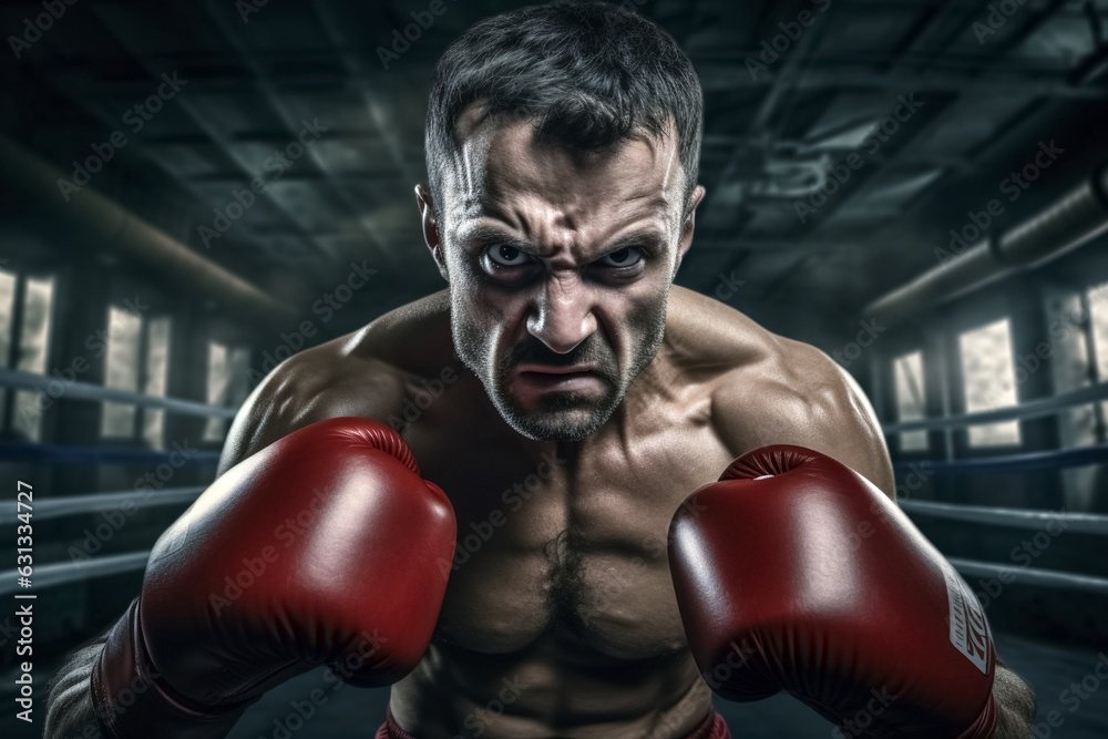 Male athlete boxing pose, angry face