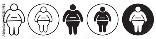 Overweight Man Icon set collection. Vector logo sign mark of fatty people man with heavy weight gain due to excess fat in waist by eating too much unhealthy fast food. Obesity in diabetic obese adult 