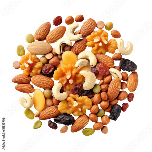 Assorted nuts and dried fruits displayed om transparent. Includes apricots, raisins, walnuts, hazelnuts, cashews, pecans, and almonds.