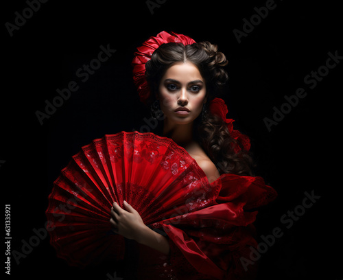 Portrait of Elegant Flamenco Dancer in Red Dress, close up of Traditional Flamenco Dance with Fan and Red Dress, Spanish Flamenco Tradition Comes Alive, Colorful Flamenco Dance in Spain