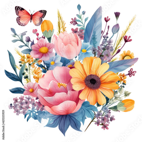 Flat cartoon illustration of a watercolor floral bouquet with a butterfly, vibrant blush pink, blue, and yellow flowers. Template with decorative elements, isolated on a transparent backround.