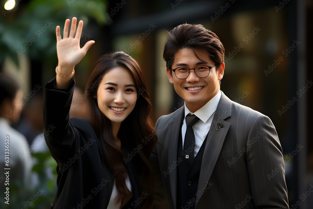 手を振って挨拶しているカップル　with generative ai