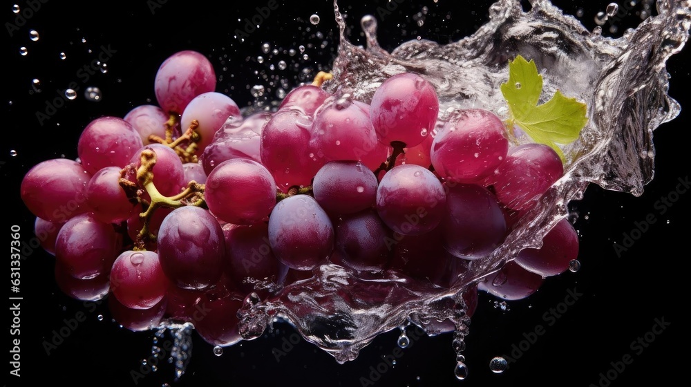 flying fresh grapes exposed to splashing water on black background and blur flying fresh grapes exposed to splashing water on black background and blur