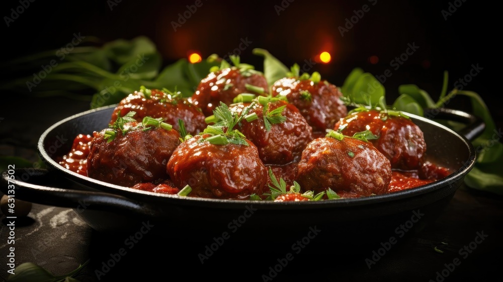 meatballs with melted tomato sauce on a bowl with a black background and blur