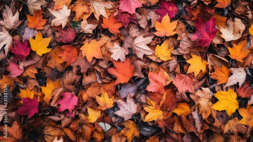 A lot of autumn leaves. Top view. Generative AI A lot of autumn leaves. Top view. Generative AI