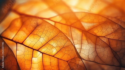 Abstract autumn leaf patterns captured in sunlight  focusing on texture and color details. Generative AI