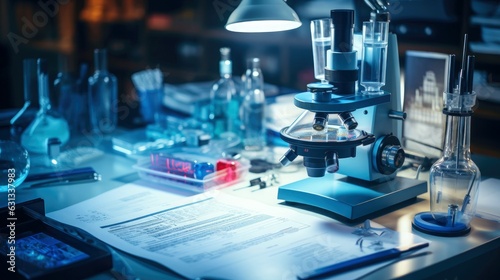 Close-up shot of microscope with metal lens at laboratory. Microscope on the table with chemical tube and glassware in laboratory, Science research technology, Generative AI illustration