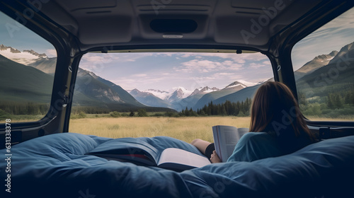Beautiful mountain scene and camper girl reading book inside camper van