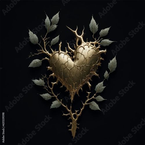 gold heart watercolor with thorns on black background