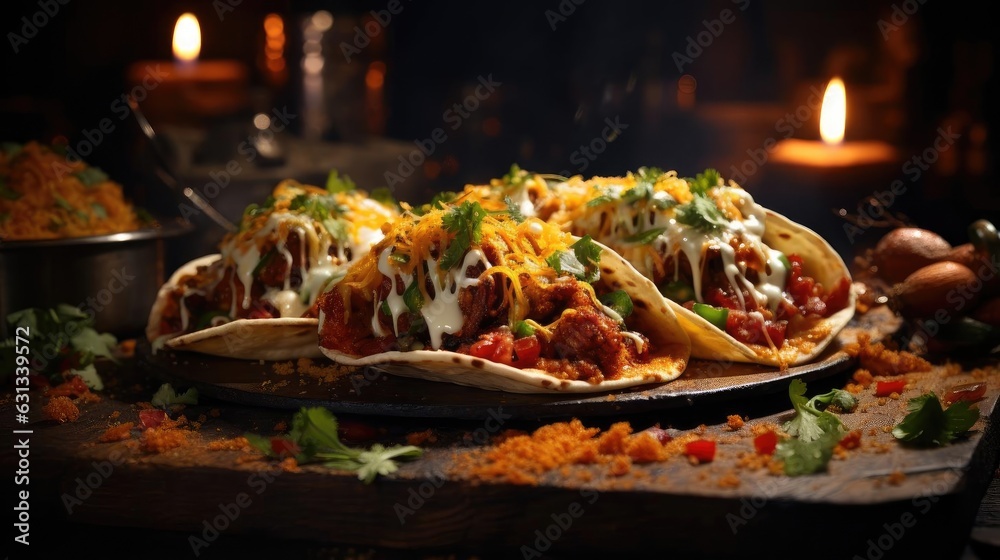tacos filled with vegetables, meat and melted mayonnaise on a wooden table with blurred background