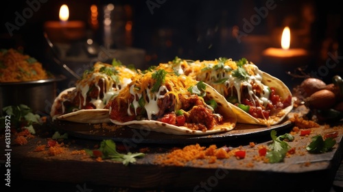 tacos filled with vegetables  meat and melted mayonnaise on a wooden table with blurred background
