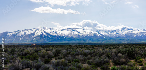 Panorama of the East Humboldt Range in Elko County, Nevada during spring with snow. 
