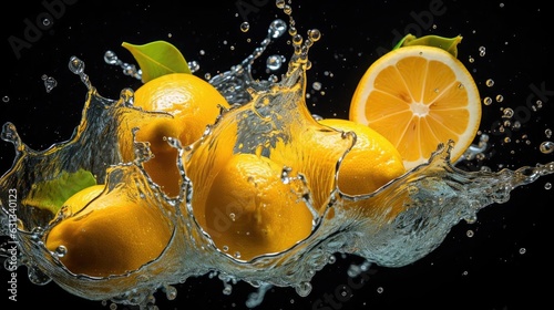 fresh yellow lemon splashed with water on black and blurred background