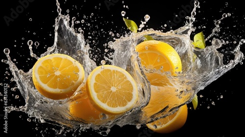 fresh yellow lemon splashed with water on black and blurred background
