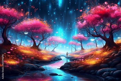abstract landscape. colorful art fantasy landscape with a forest and glowing light. generative ai