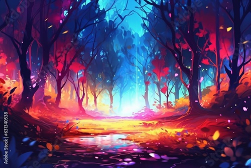 abstract landscape. colorful art fantasy landscape with a forest and glowing light. generative ai