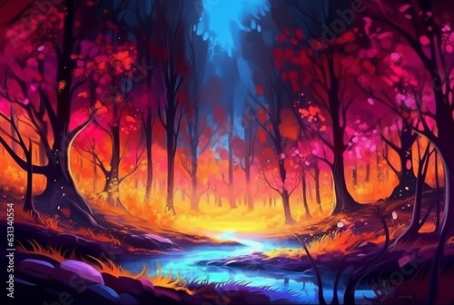 abstract landscape. colorful art fantasy landscape with a forest and glowing light. generative ai