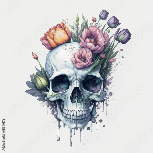 emo skull with roses clipart white background scattered water color, scattered watercolor, has shadow, there are random pastel colors