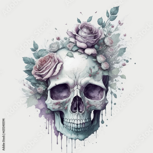 emo skull with roses clipart white background scattered water color, scattered watercolor, has shadow, there are random pastel colors